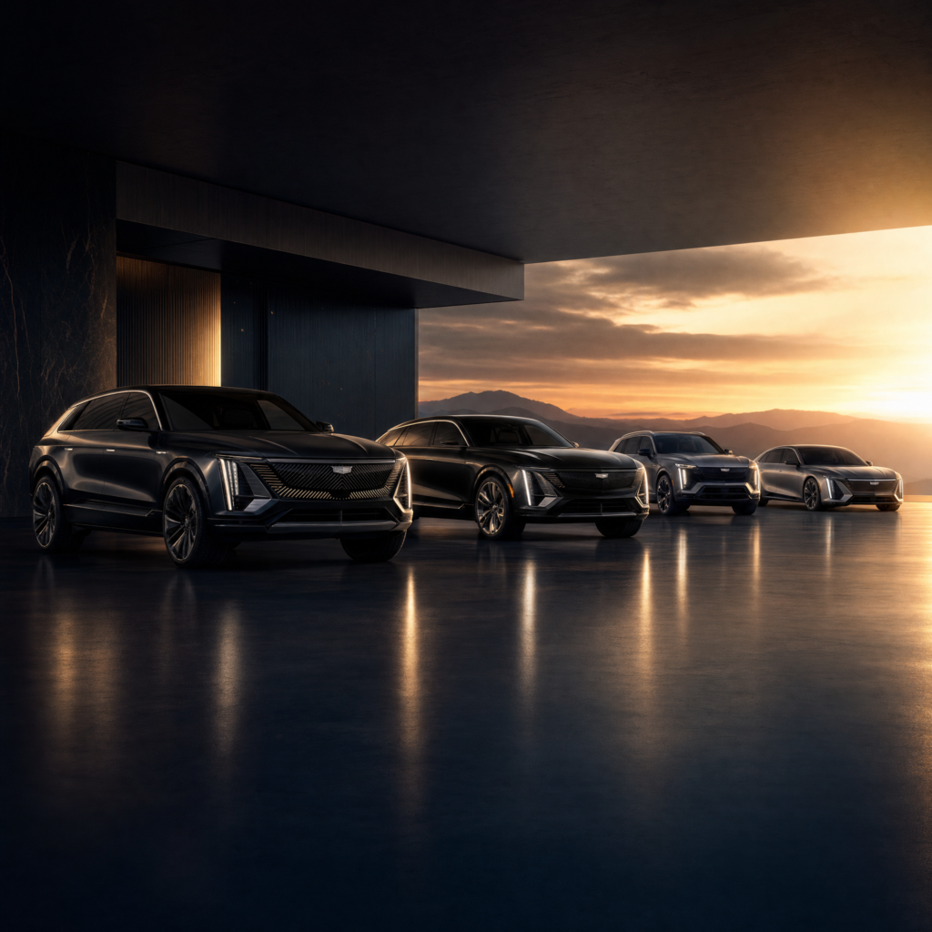 The Cadillac EV lineup parked together, from the compact Optiq up to the full-size Escalade IQ.