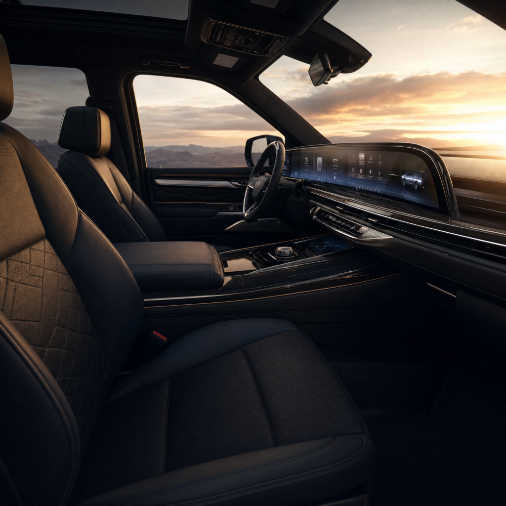 The 2026 Cadillac Escalade interior, with the 55-inch curved display sweeping across the dash.