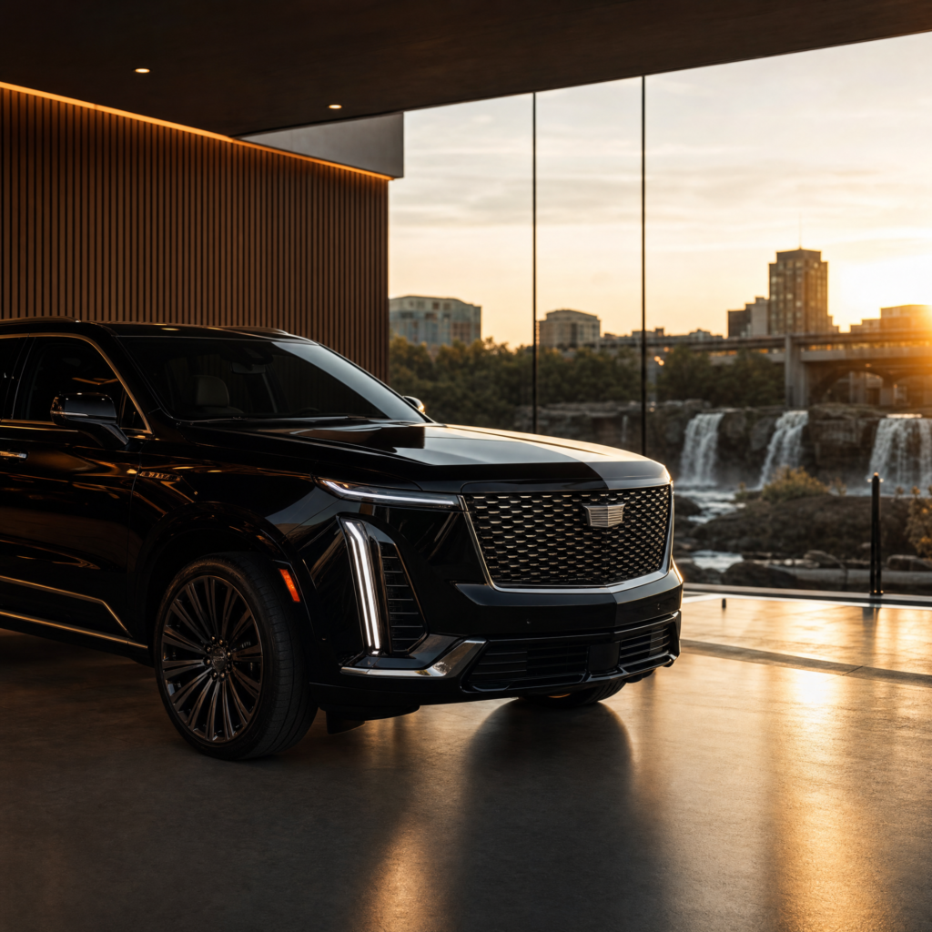 Buying a Cadillac in Sioux Falls: a new Cadillac SUV on the lot at Luxury Auto Mall.