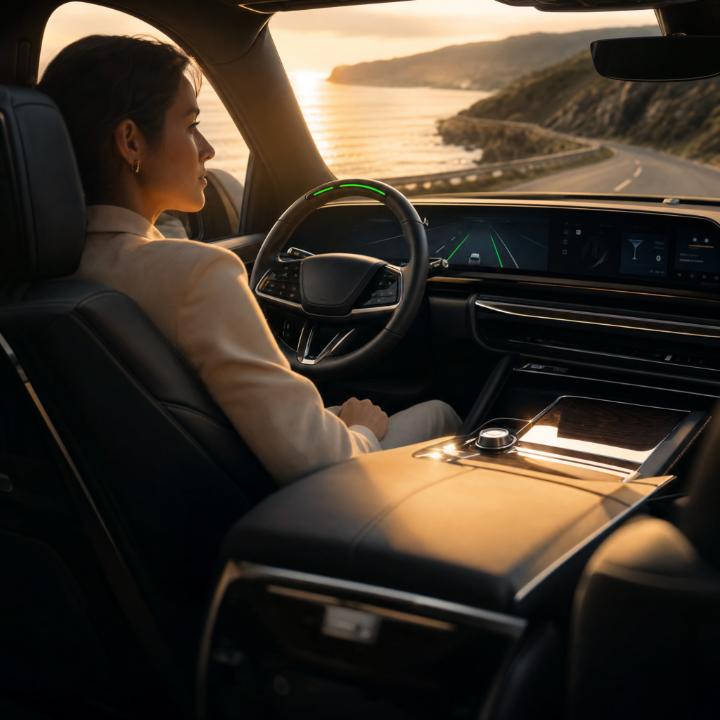 Cadillac Super Cruise running hands-free on the highway with the steering wheel light bar lit green.