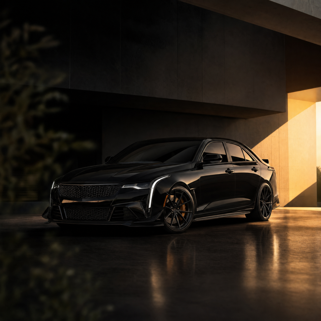 The Cadillac CT4-V Blackwing, a 472 hp compact performance sedan, parked on the lot.