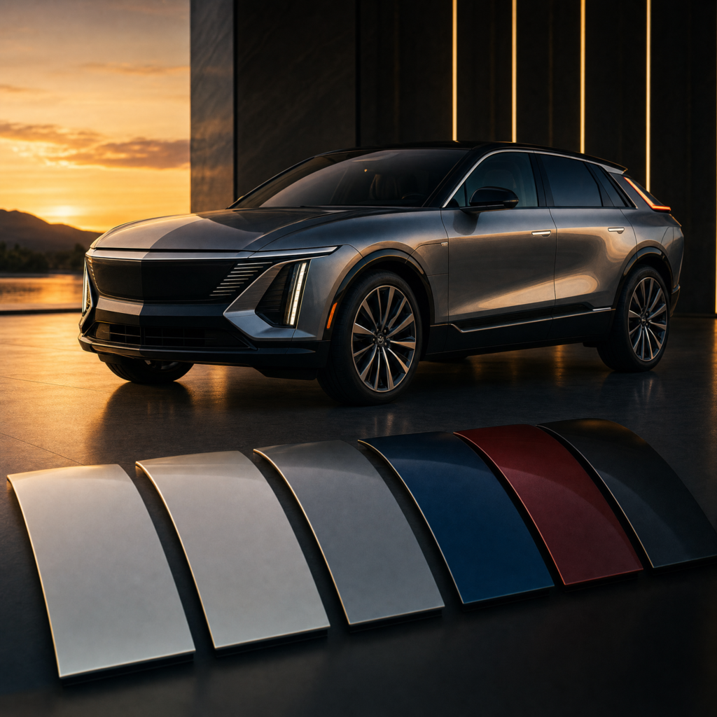 A 2027 Cadillac Lyriq in Blue Graphite Tricoat sits beside a shopper comparing a black roof and body-color roof.