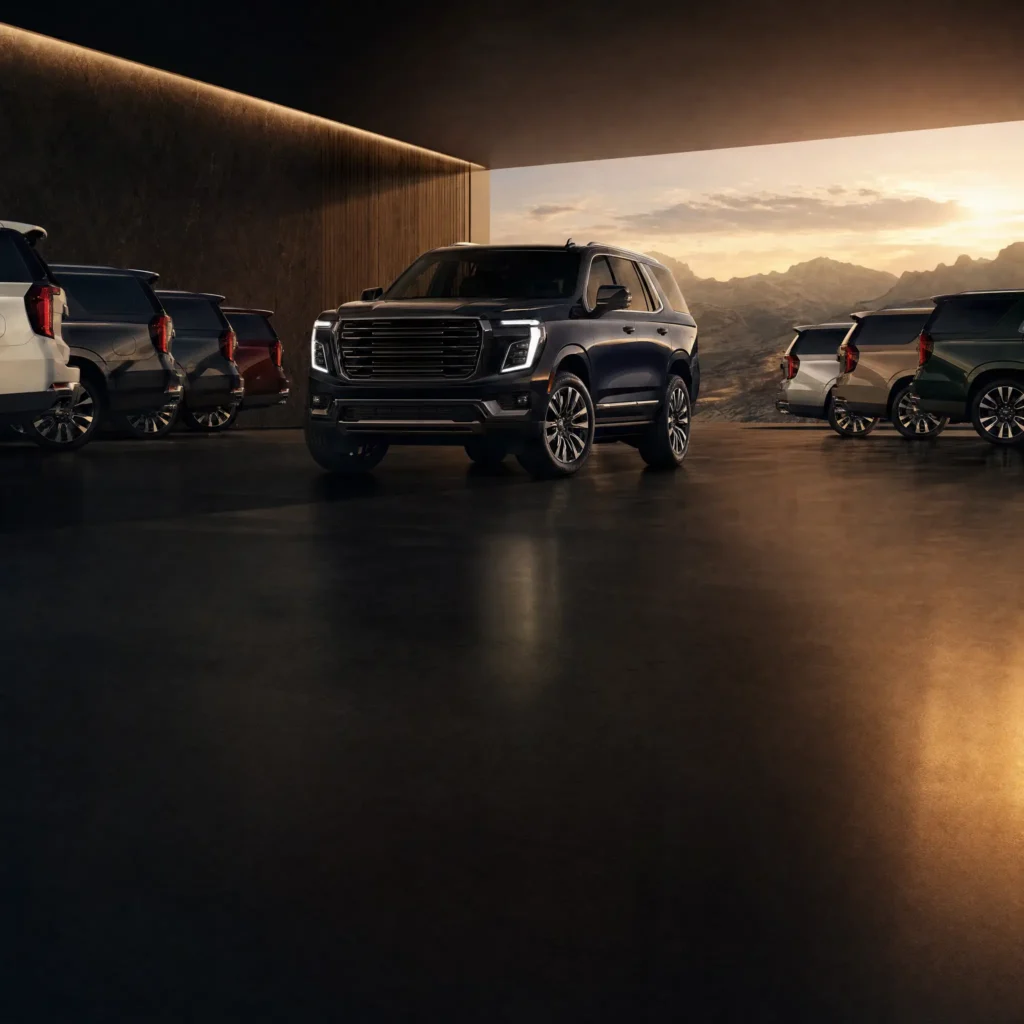 A 2027 GMC Yukon sits outside in Sioux Falls while a shopper compares its available paint colors.